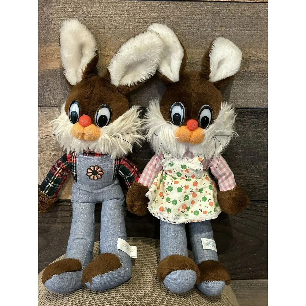 80's Set Of 2 Bunny's Brown Rabbits Dressed Cute Shaggy‎ Collectible Toy